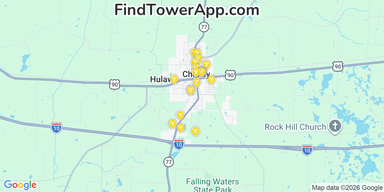 Map showing the 20 primary cell tower locations detected in Chipley, Florida from AT&T, Verizon, and T-Mobile networks
