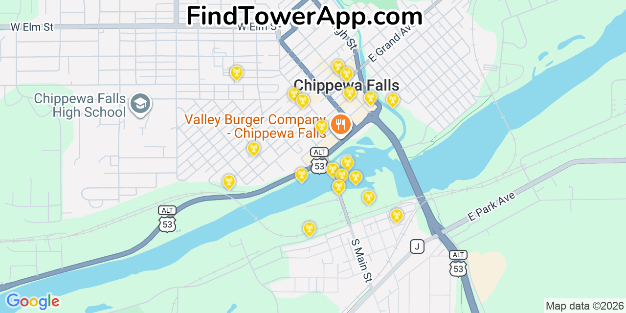 Map showing the 20 primary cell tower locations detected in Chippewa Falls, Wisconsin from AT&T, Verizon, and T-Mobile networks