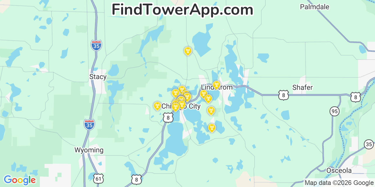 Map showing the 20 primary cell tower locations detected in Chisago City, Minnesota from AT&T, Verizon, and T-Mobile networks