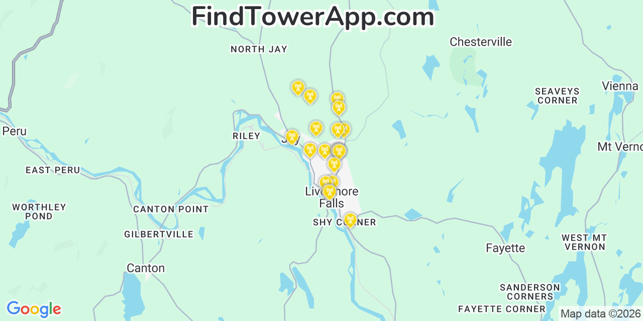 Map showing the 20 primary cell tower locations detected in Chisholm, Maine from AT&T, Verizon, and T-Mobile networks