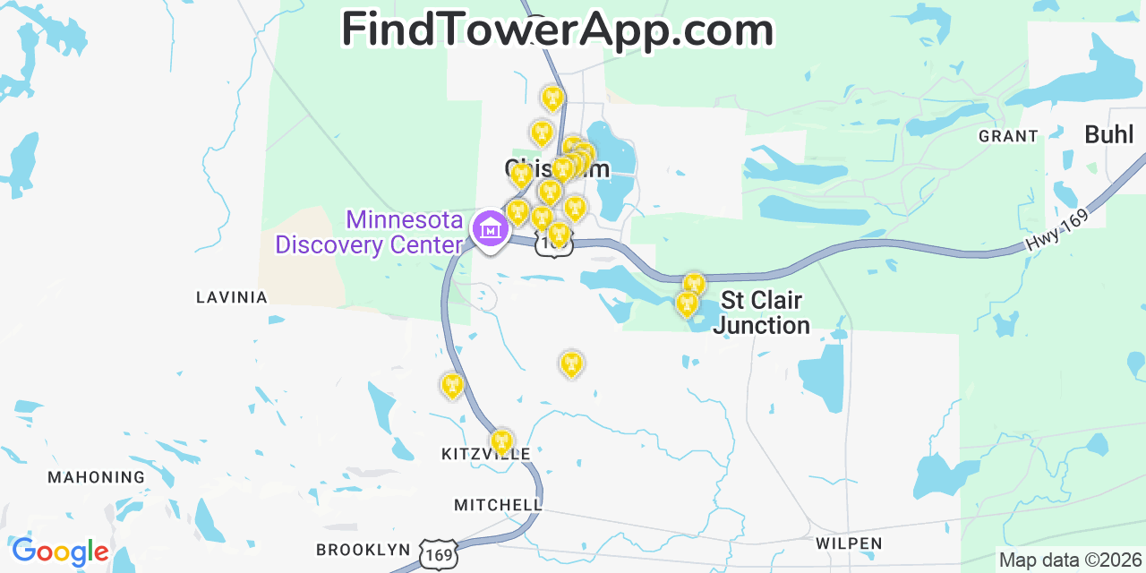 Map showing the 20 primary cell tower locations detected in Chisholm, Minnesota from AT&T, Verizon, and T-Mobile networks