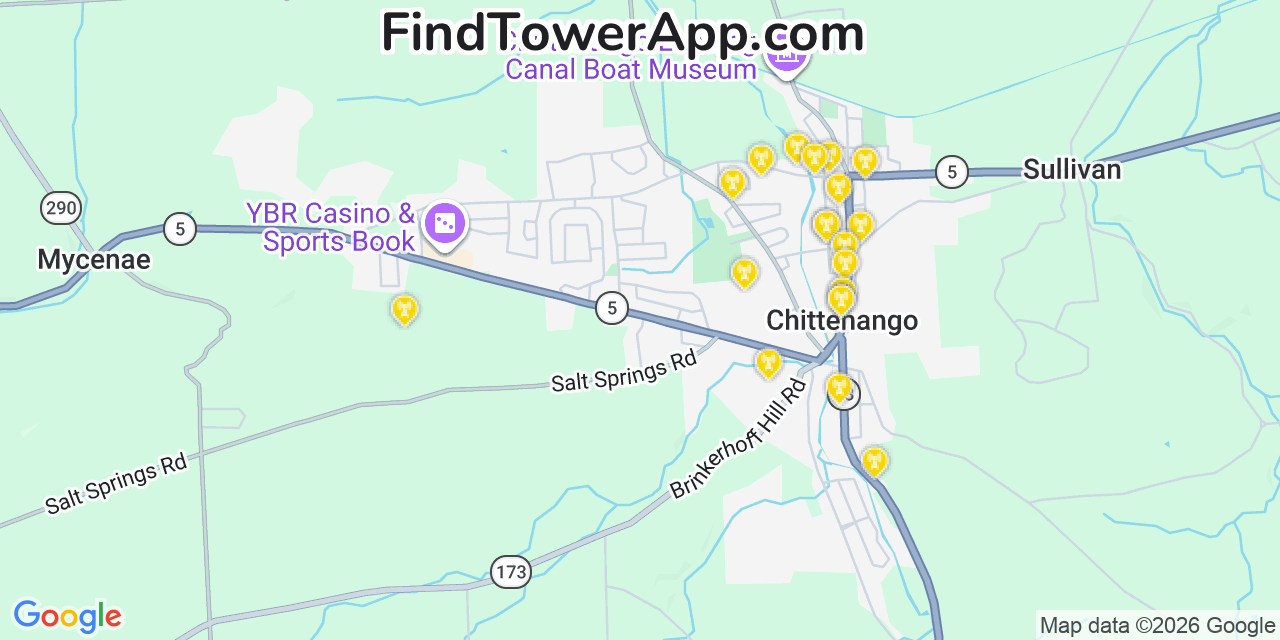 Map showing the 20 primary cell tower locations detected in Chittenango, New York from AT&T, Verizon, and T-Mobile networks
