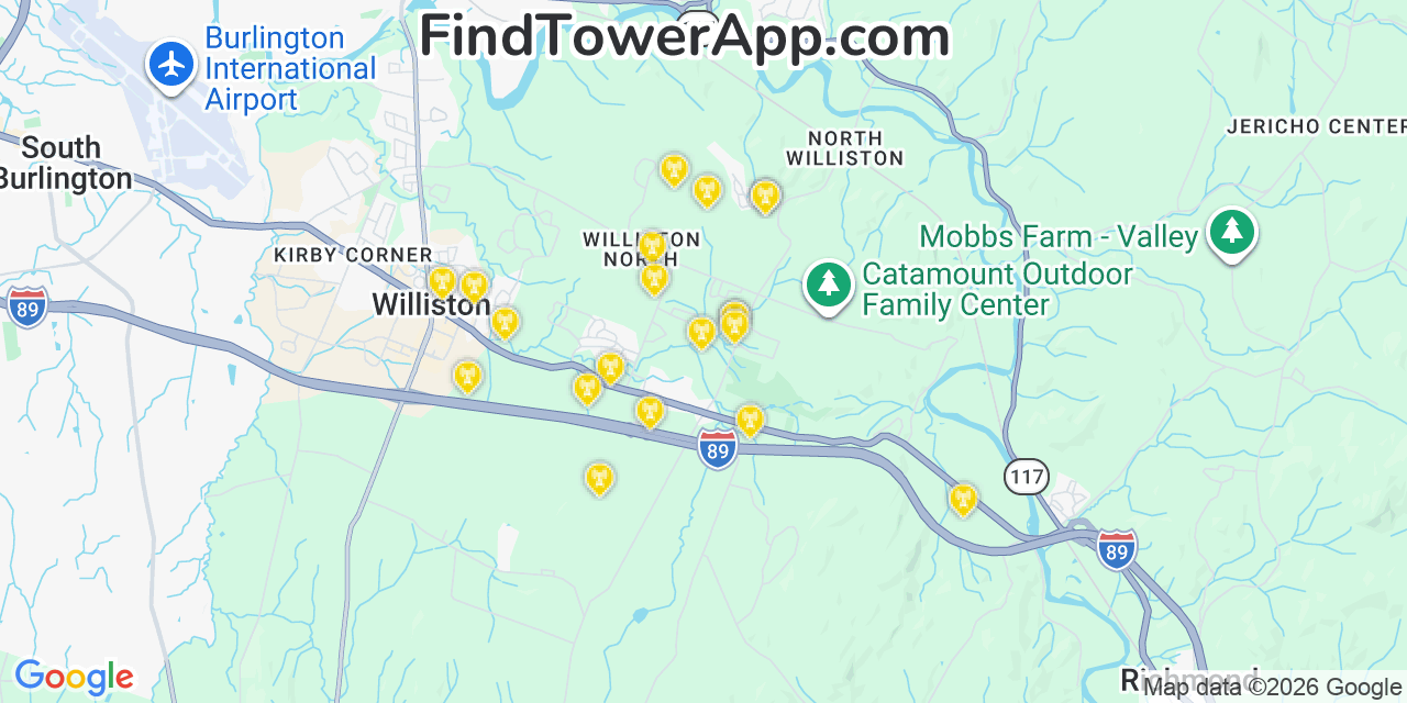 Map showing the 20 primary cell tower locations detected in Chittenden, Vermont from AT&T, Verizon, and T-Mobile networks