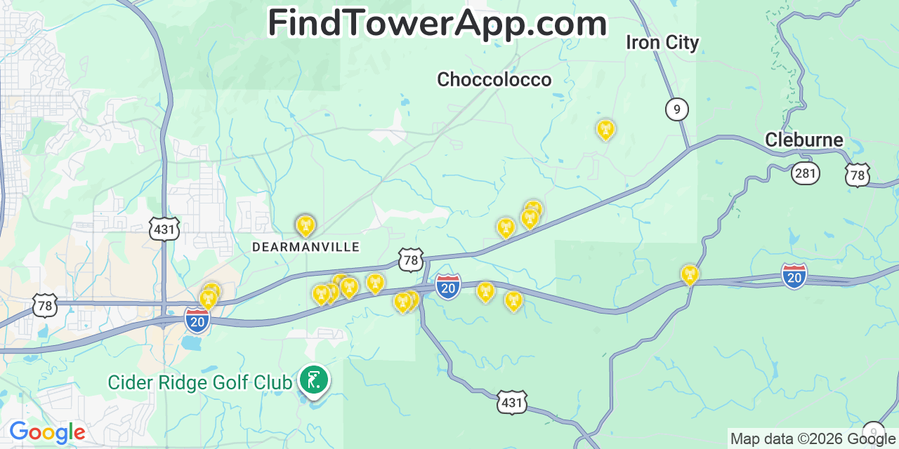 Map showing the 20 primary cell tower locations detected in Choccolocco, Alabama from AT&T, Verizon, and T-Mobile networks
