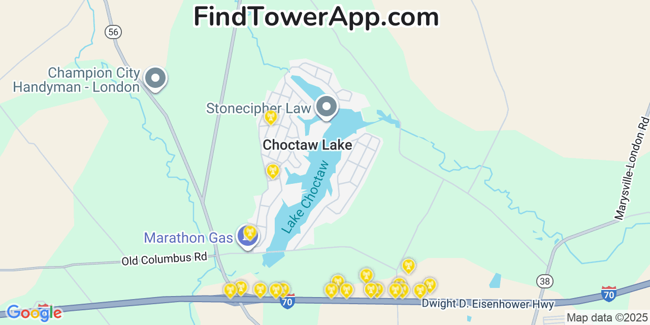 Map showing the 20 primary cell tower locations detected in Choctaw Lake, Ohio from AT&T, Verizon, and T-Mobile networks