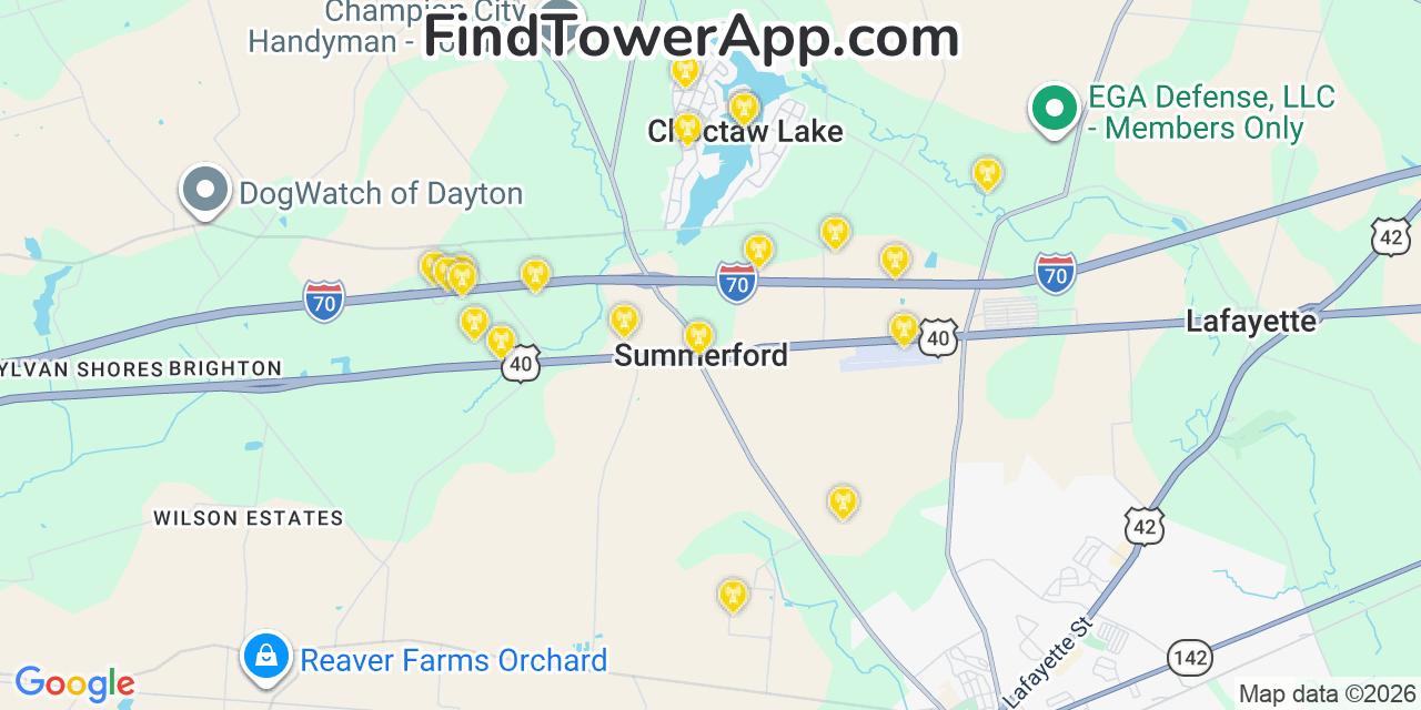 Map showing the 20 primary cell tower locations detected in Choctaw Lake, Ohio from AT&T, Verizon, and T-Mobile networks