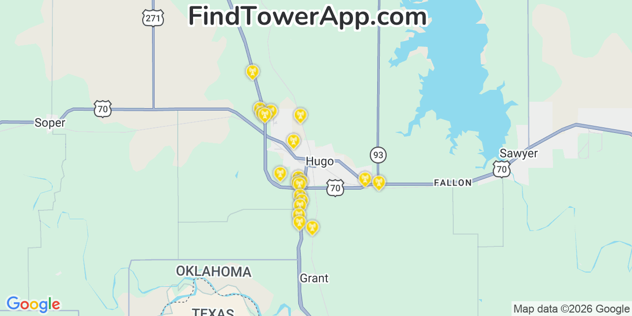Map showing the 20 primary cell tower locations detected in Choctaw, Oklahoma from AT&T, Verizon, and T-Mobile networks