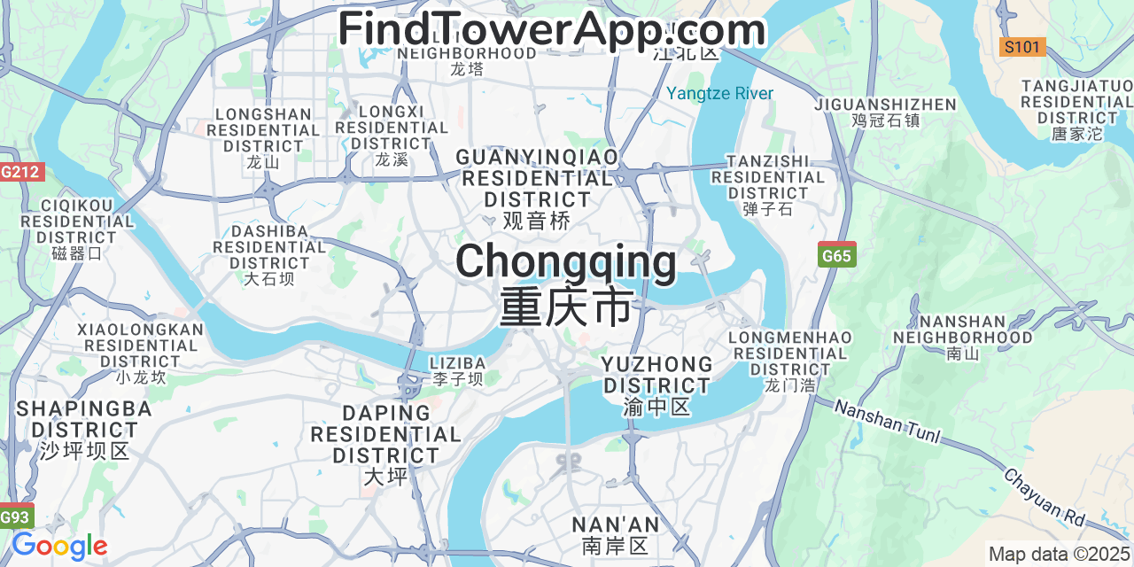 Map showing the 0 primary China-Unicom cell tower locations detected in Chongqing, China with coverage radius and signal strength indicators