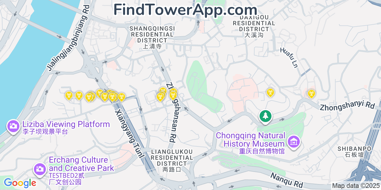 Map showing the 20 primary cell tower locations detected in Chongqing, China with coverage areas and signal strength