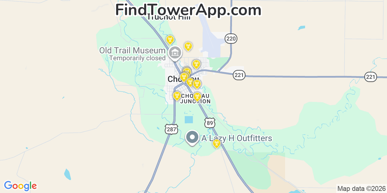 Map showing the 20 primary cell tower locations detected in Choteau, Montana from AT&T, Verizon, and T-Mobile networks