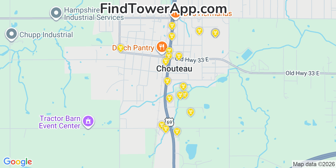 Map showing the 20 primary cell tower locations detected in Chouteau, Oklahoma from AT&T, Verizon, and T-Mobile networks