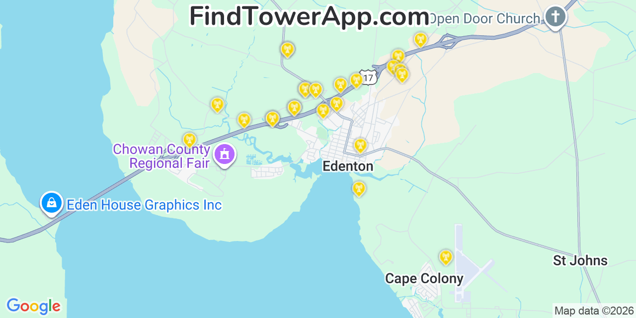Map showing the 24 primary AT&T cell tower locations detected in Chowan, North Carolina with coverage radius and signal strength indicators