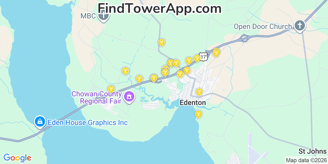 Map showing the 20 primary cell tower locations detected in Chowan, North Carolina from AT&T, Verizon, and T-Mobile networks