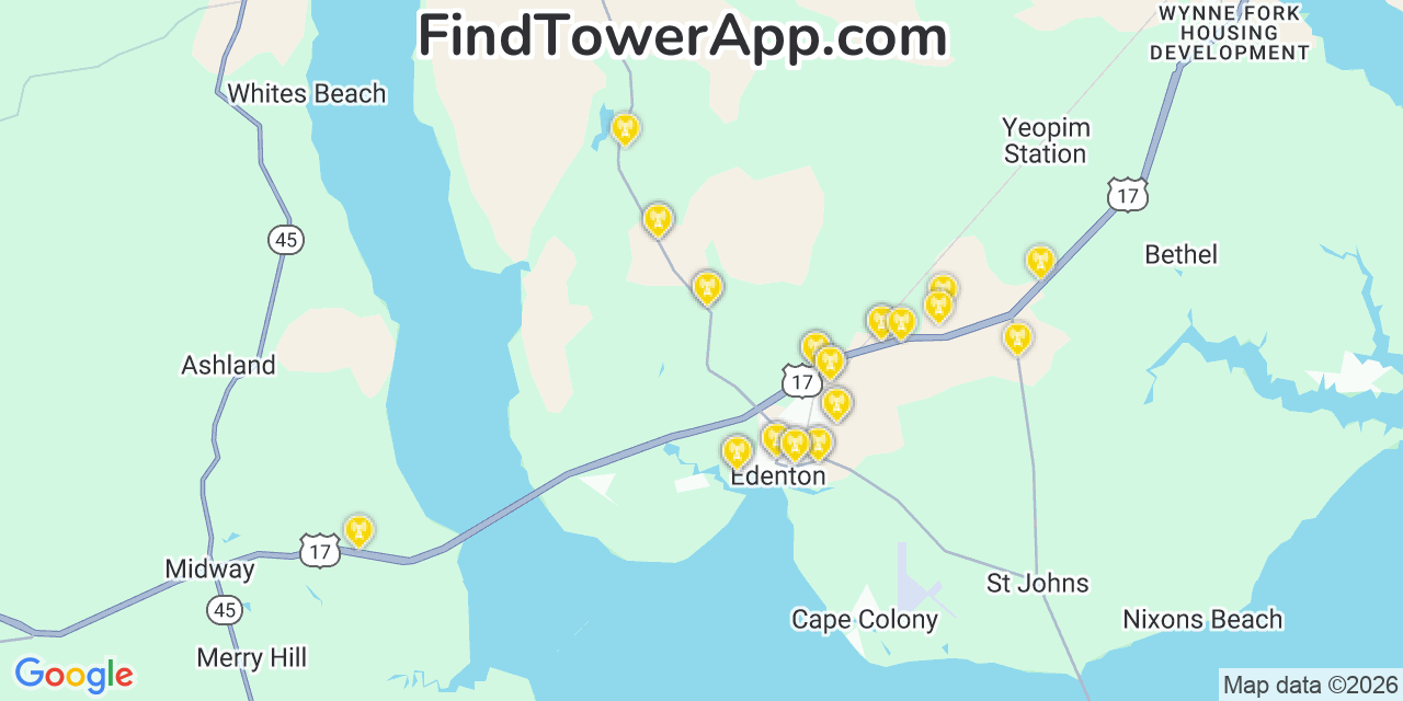Map showing the 27 primary T-Mobile cell tower locations detected in Chowan, North Carolina with coverage radius and signal strength indicators