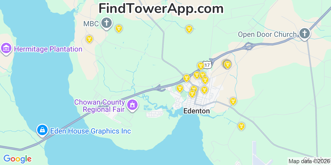 Map showing the 20 primary Verizon cell tower locations detected in Chowan, North Carolina with coverage radius and signal strength indicators