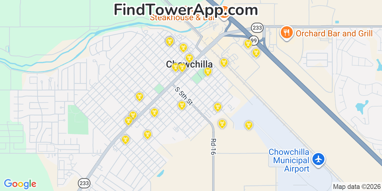 Map showing the 20 primary cell tower locations detected in Chowchilla, California from AT&T, Verizon, and T-Mobile networks