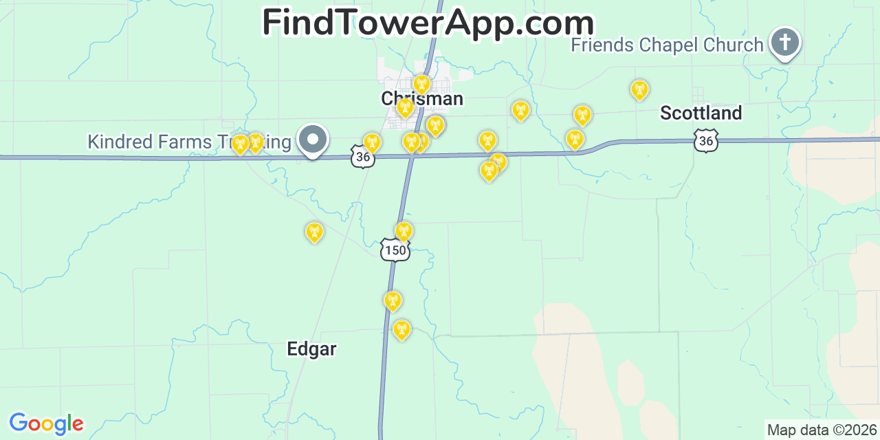 Map showing the 20 primary cell tower locations detected in Chrisman, Illinois from AT&T, Verizon, and T-Mobile networks