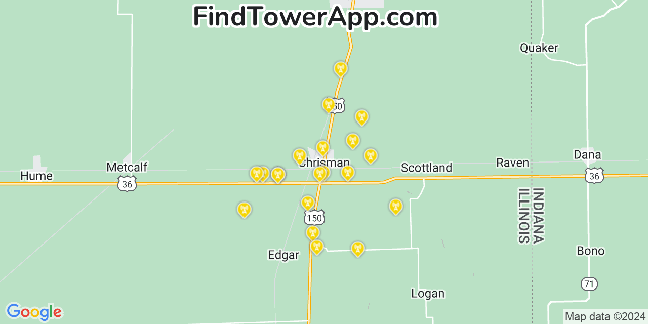 Verizon 4G/5G cell tower coverage map Chrisman, Illinois