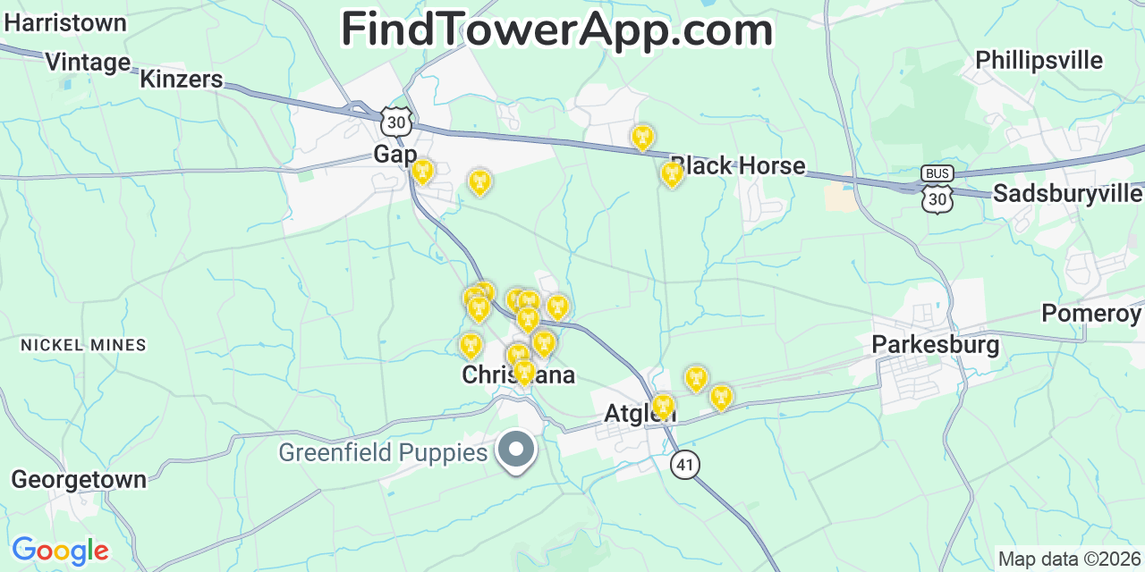 Map showing the 20 primary cell tower locations detected in Christiana, Pennsylvania from AT&T, Verizon, and T-Mobile networks