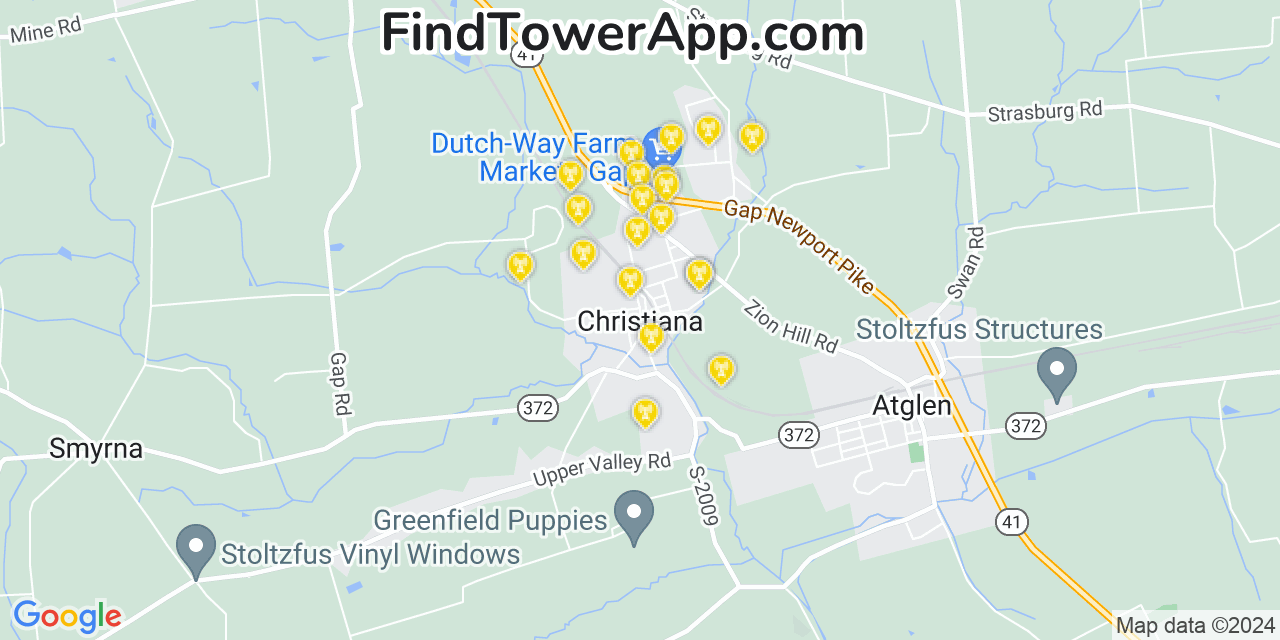 Verizon 4G/5G cell tower coverage map Christiana, Pennsylvania