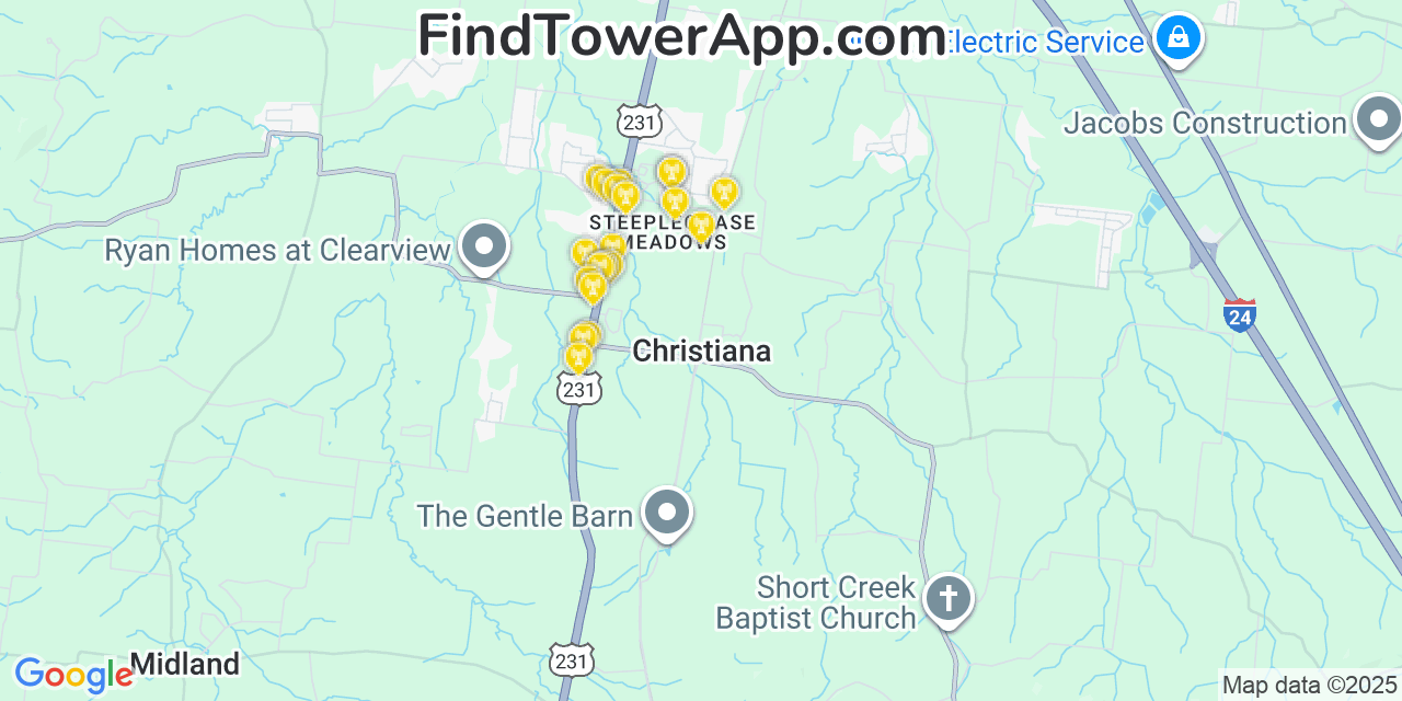 Map showing the 20 primary cell tower locations detected in Christiana, Tennessee from AT&T, Verizon, and T-Mobile networks