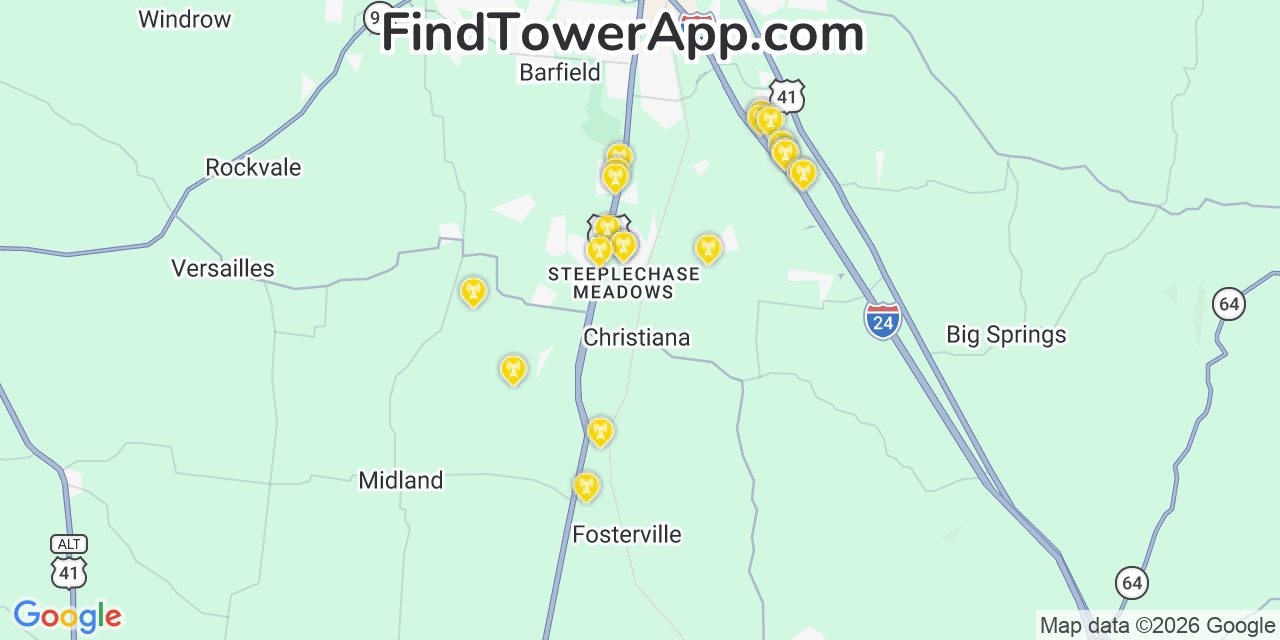 Map showing the 20 primary cell tower locations detected in Christiana, Tennessee from AT&T, Verizon, and T-Mobile networks