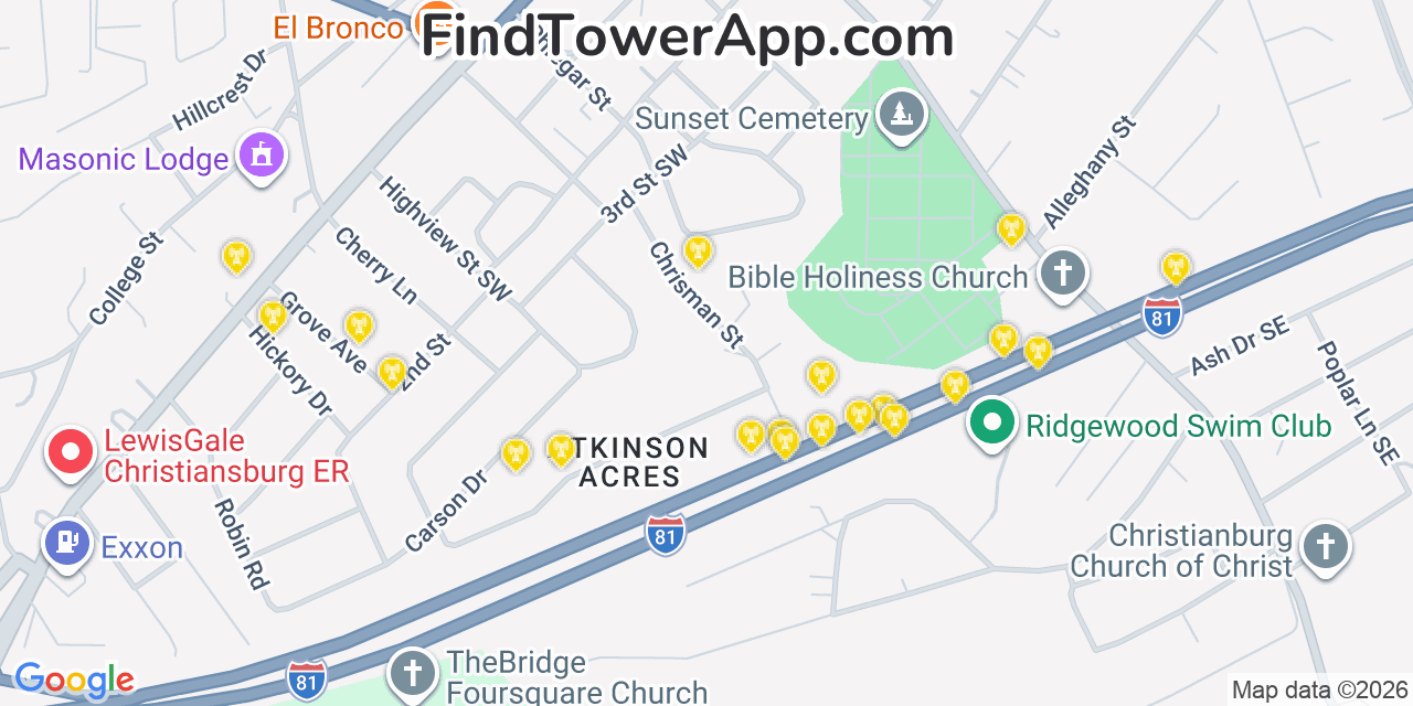 Map showing the 20 primary cell tower locations detected in Christiansburg, Virginia from AT&T, Verizon, and T-Mobile networks