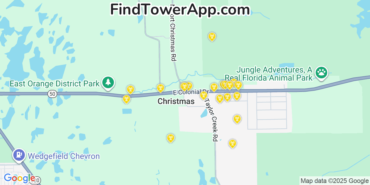 Map showing the 20 primary cell tower locations detected in Christmas, Florida from AT&T, Verizon, and T-Mobile networks