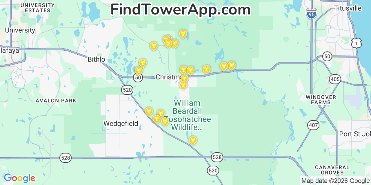 Map showing the 20 primary cell tower locations detected in Christmas, Florida from AT&T, Verizon, and T-Mobile networks