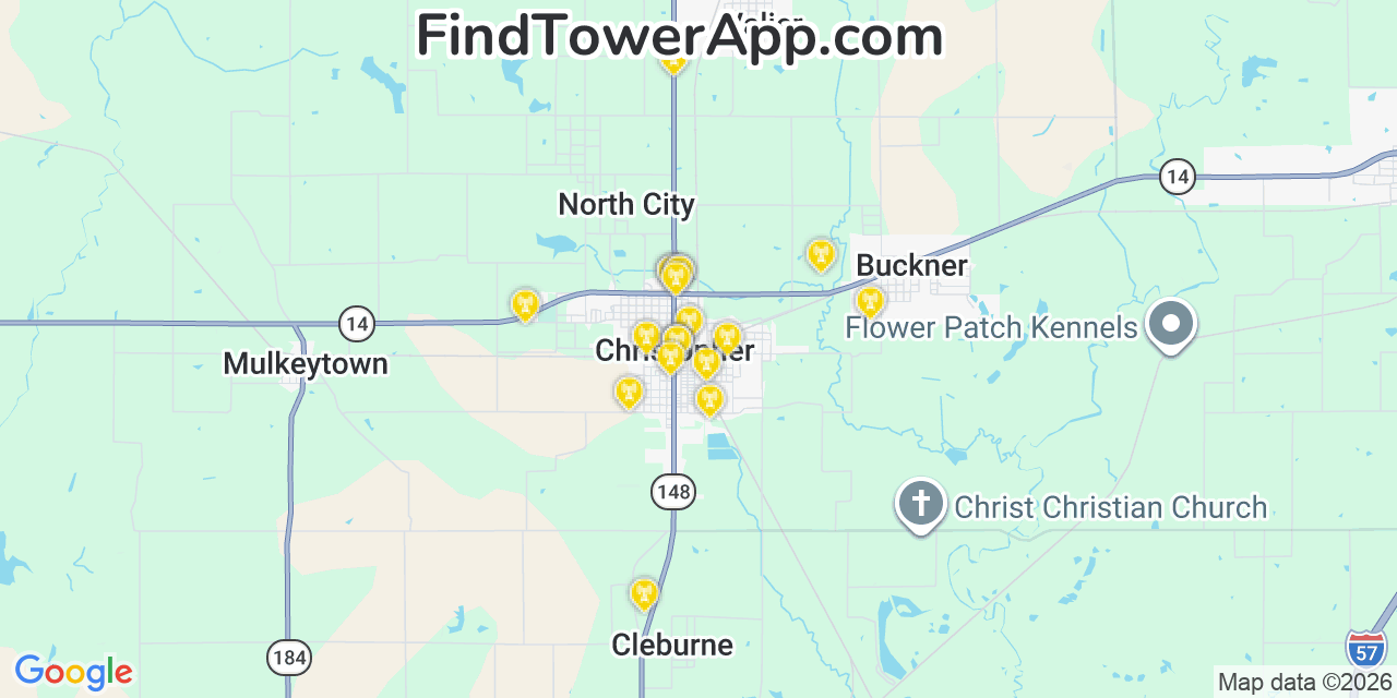 Map showing the 20 primary cell tower locations detected in Christopher, Illinois from AT&T, Verizon, and T-Mobile networks