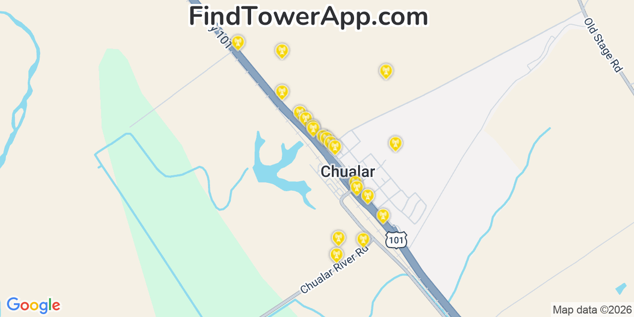 Map showing the 20 primary cell tower locations detected in Chualar, California from AT&T, Verizon, and T-Mobile networks