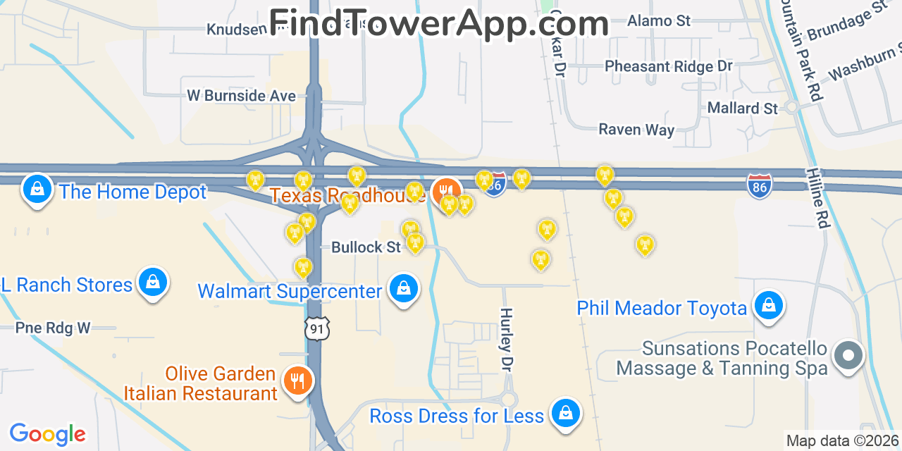Map showing the 20 primary cell tower locations detected in Chubbuck, Idaho from AT&T, Verizon, and T-Mobile networks