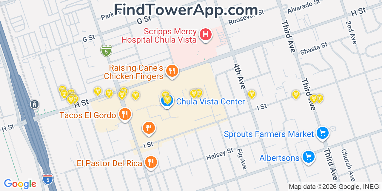 Map showing the 20 primary cell tower locations detected in Chula Vista, California from AT&T, Verizon, and T-Mobile networks