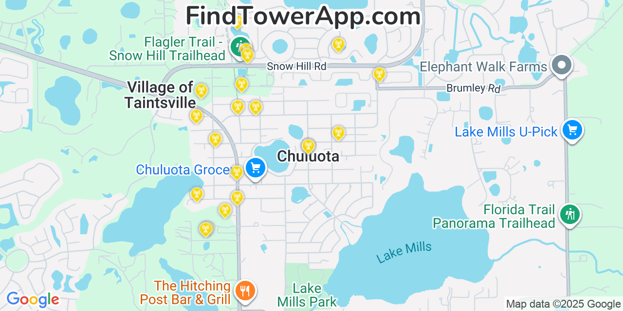 Map showing the 20 primary cell tower locations detected in Chuluota, Florida from AT&T, Verizon, and T-Mobile networks