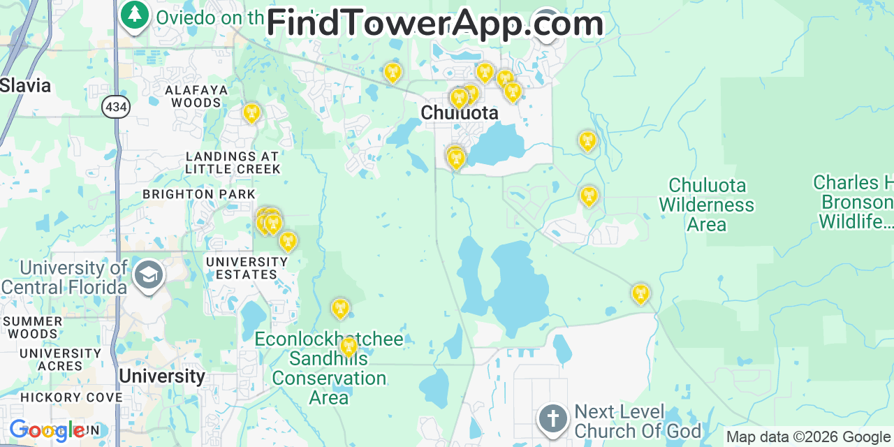 Map showing the 20 primary cell tower locations detected in Chuluota, Florida from AT&T, Verizon, and T-Mobile networks