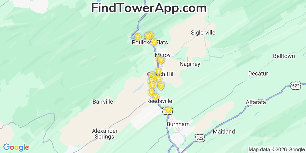 Map showing the 20 primary cell tower locations detected in Church Hill, Pennsylvania from AT&T, Verizon, and T-Mobile networks