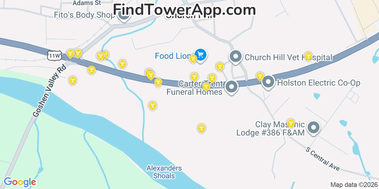 Map showing the 20 primary cell tower locations detected in Church Hill, Tennessee from AT&T, Verizon, and T-Mobile networks