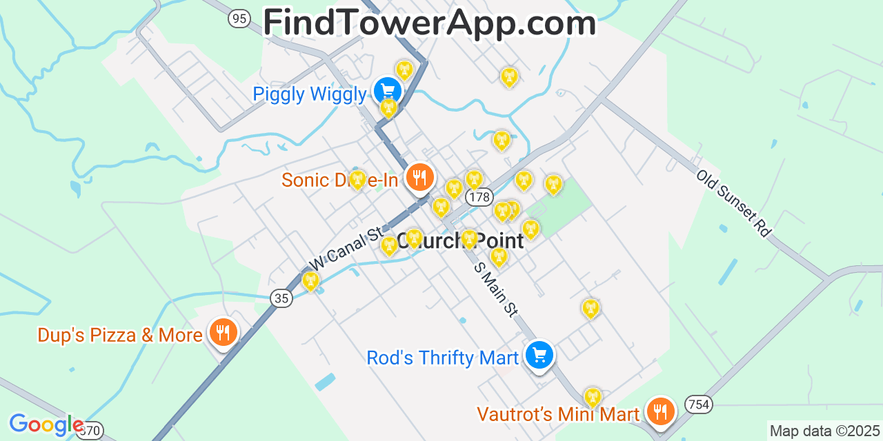Map showing the 20 primary cell tower locations detected in Church Point, Louisiana from AT&T, Verizon, and T-Mobile networks