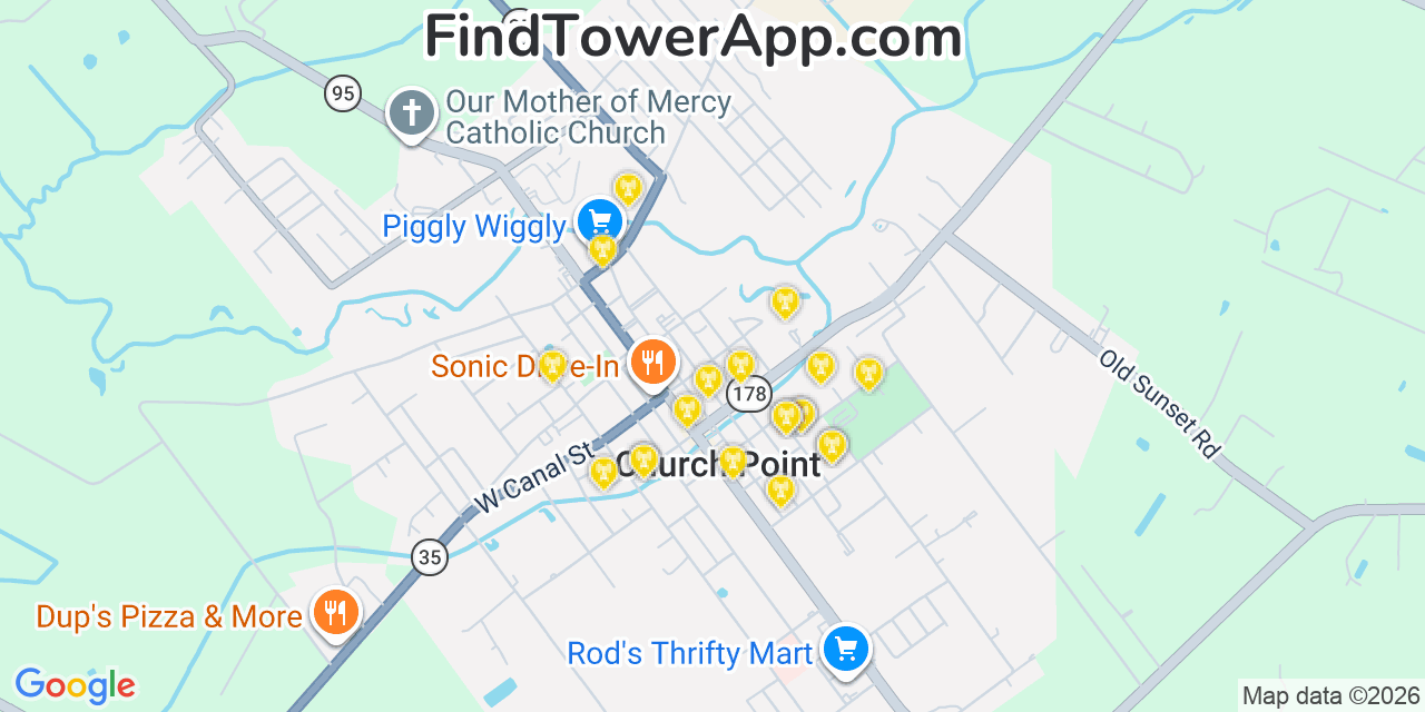 Map showing the 20 primary cell tower locations detected in Church Point, Louisiana from AT&T, Verizon, and T-Mobile networks