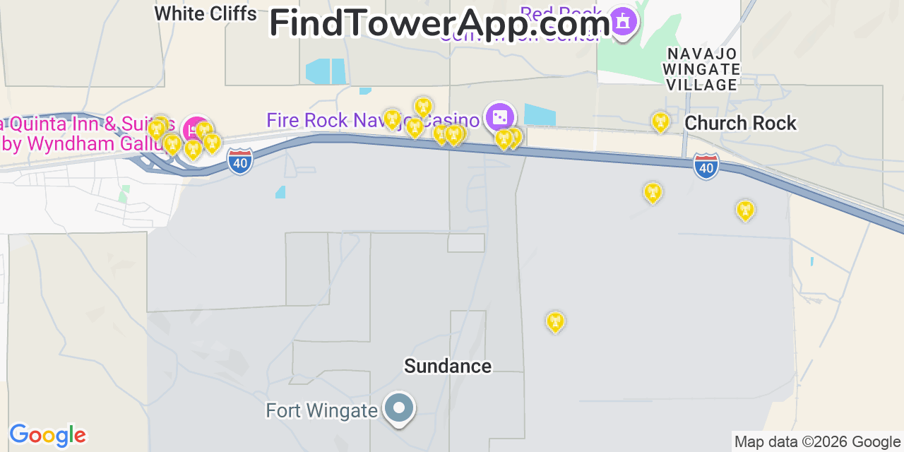 Map showing the 20 primary cell tower locations detected in Church Rock, New Mexico from AT&T, Verizon, and T-Mobile networks