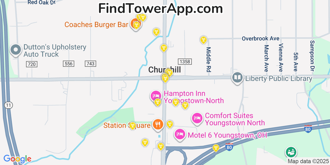 Map showing the 20 primary cell tower locations detected in Churchill, Ohio from AT&T, Verizon, and T-Mobile networks