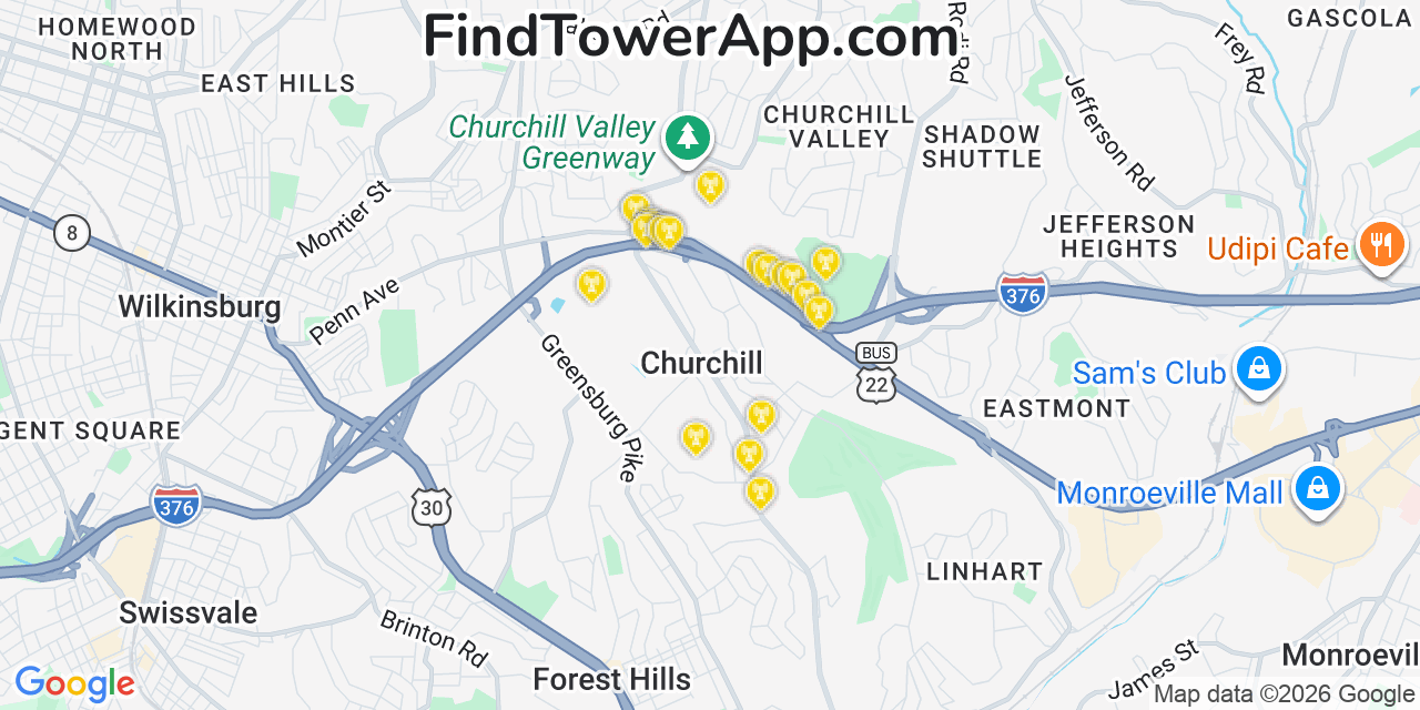 Map showing the 20 primary cell tower locations detected in Churchill, Pennsylvania from AT&T, Verizon, and T-Mobile networks