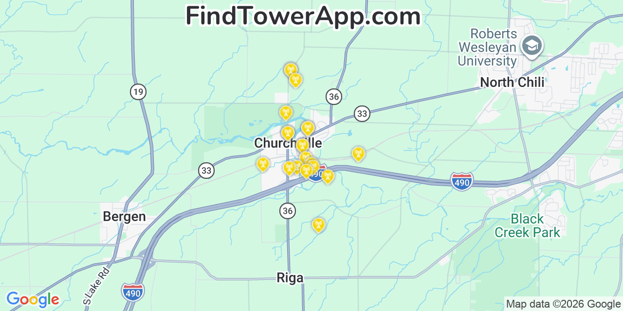 Map showing the 20 primary cell tower locations detected in Churchville, New York from AT&T, Verizon, and T-Mobile networks