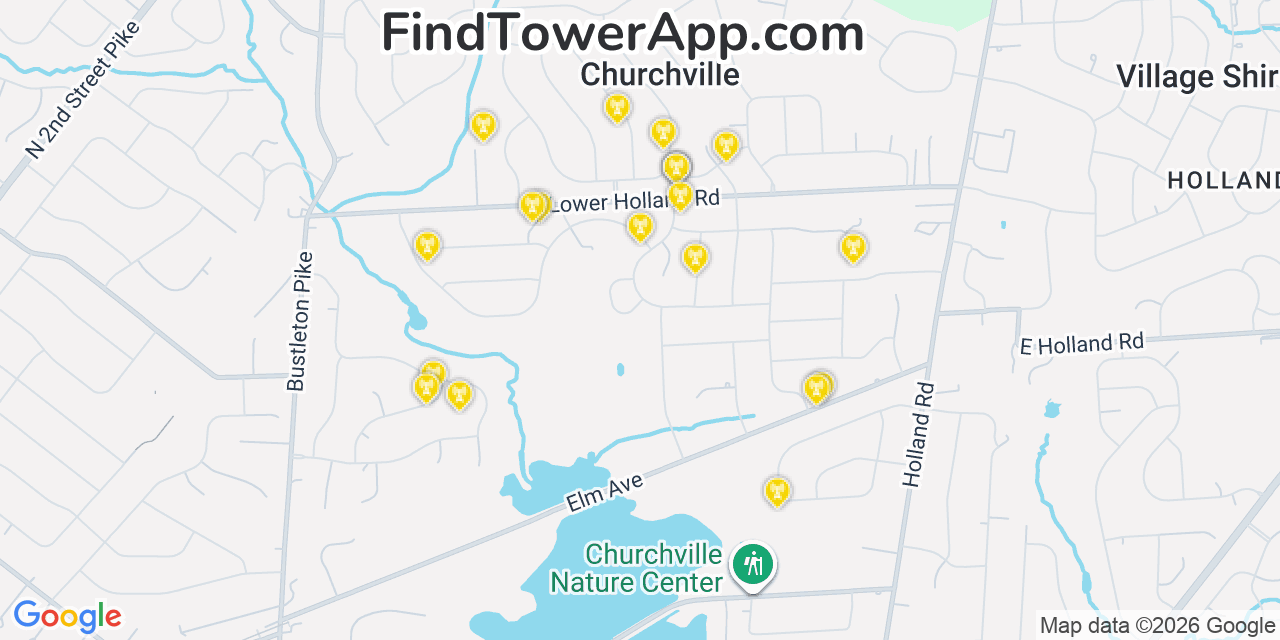 Map showing the 20 primary cell tower locations detected in Churchville, Pennsylvania from AT&T, Verizon, and T-Mobile networks