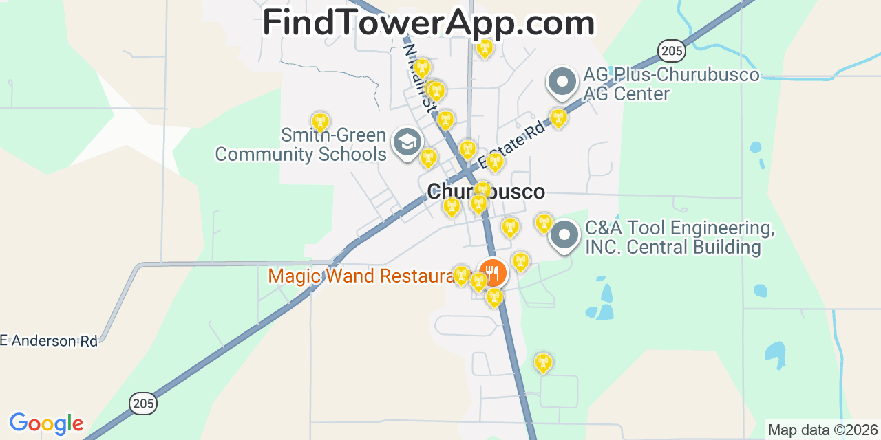 Map showing the 20 primary cell tower locations detected in Churubusco, Indiana from AT&T, Verizon, and T-Mobile networks