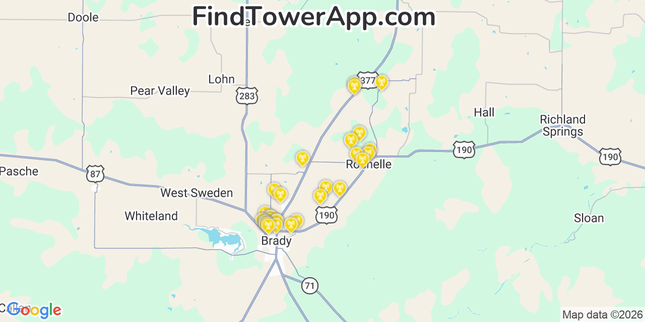 Map showing the 30 primary AT&T cell tower locations detected in Cï¾Ƒï½©Sar Chï¾Ƒï½¡Vez, Texas with coverage radius and signal strength indicators