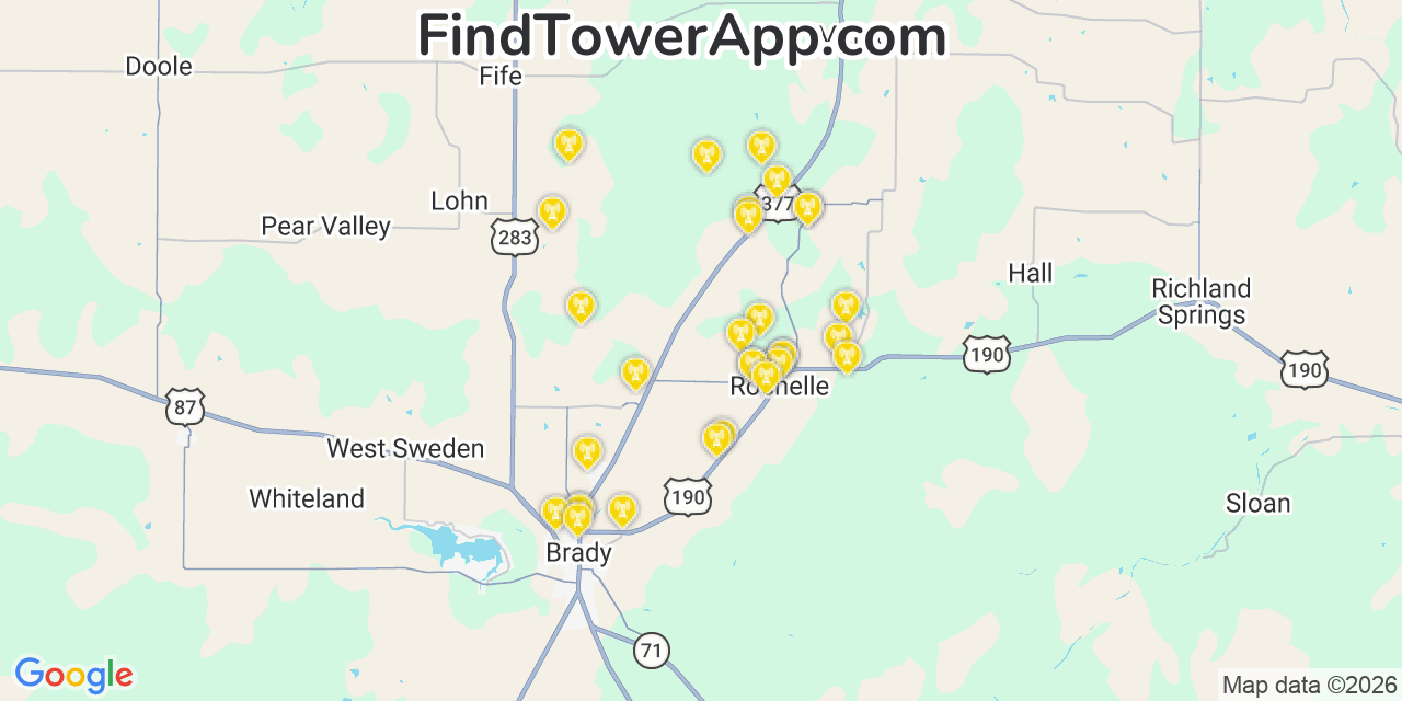Map showing the 30 primary AT&T cell tower locations detected in Cï¿½Sar Chï¿½Vez, Texas with coverage radius and signal strength indicators