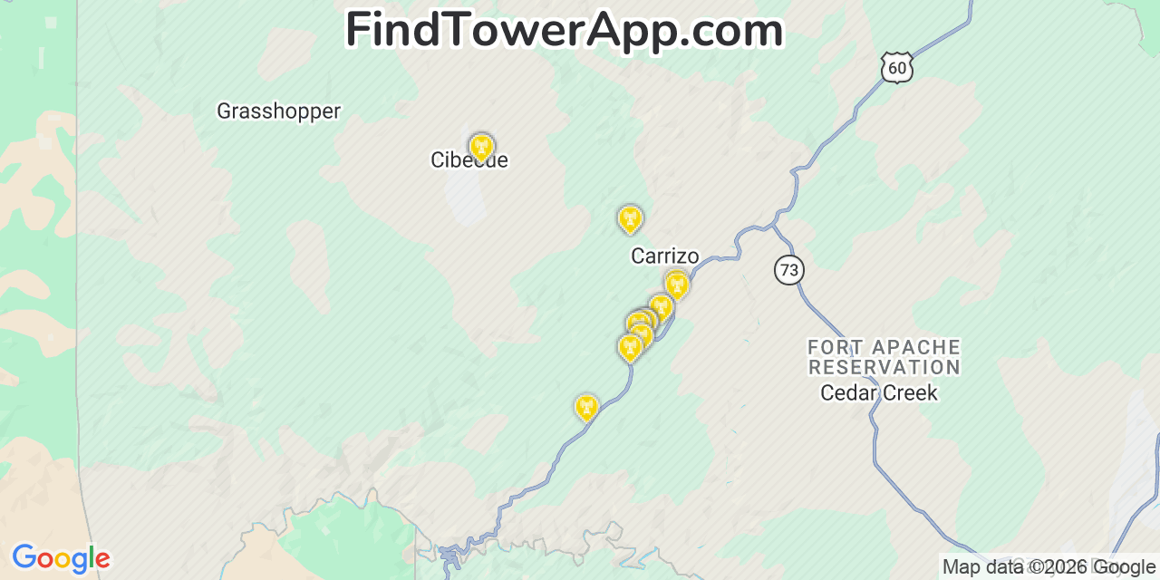 Map showing the 20 primary cell tower locations detected in Cibecue, Arizona from AT&T, Verizon, and T-Mobile networks