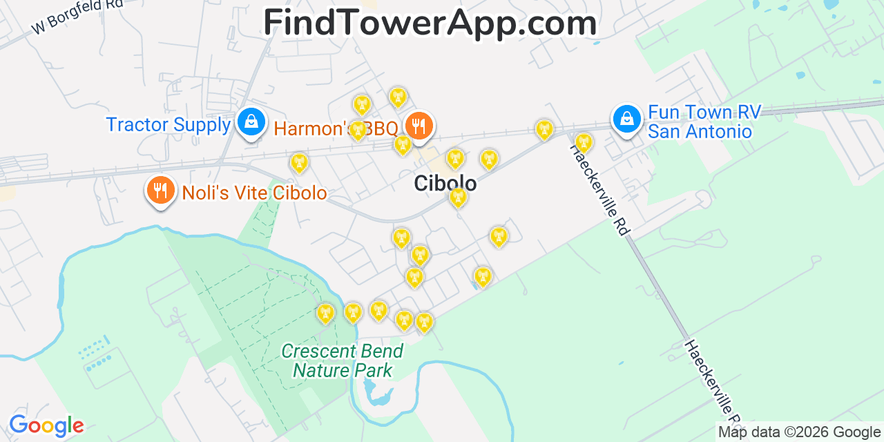 Map showing the 20 primary cell tower locations detected in Cibolo, Texas from AT&T, Verizon, and T-Mobile networks