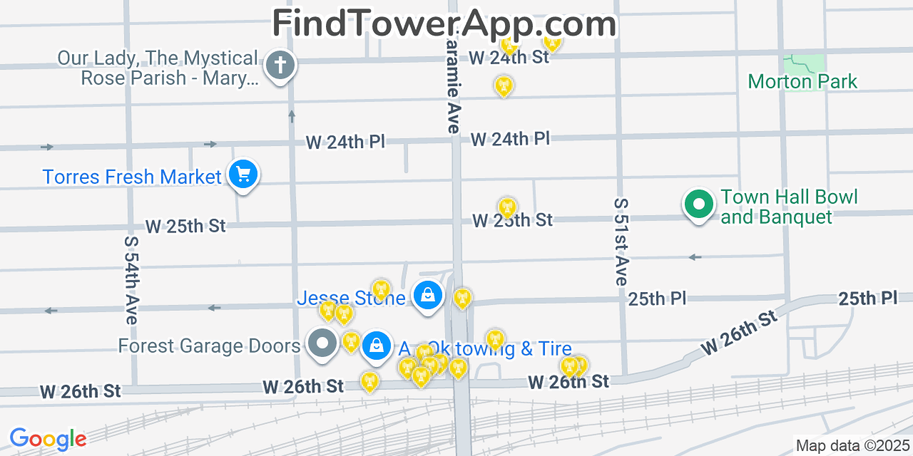 Map showing the 20 primary cell tower locations detected in Cicero, Illinois from AT&T, Verizon, and T-Mobile networks